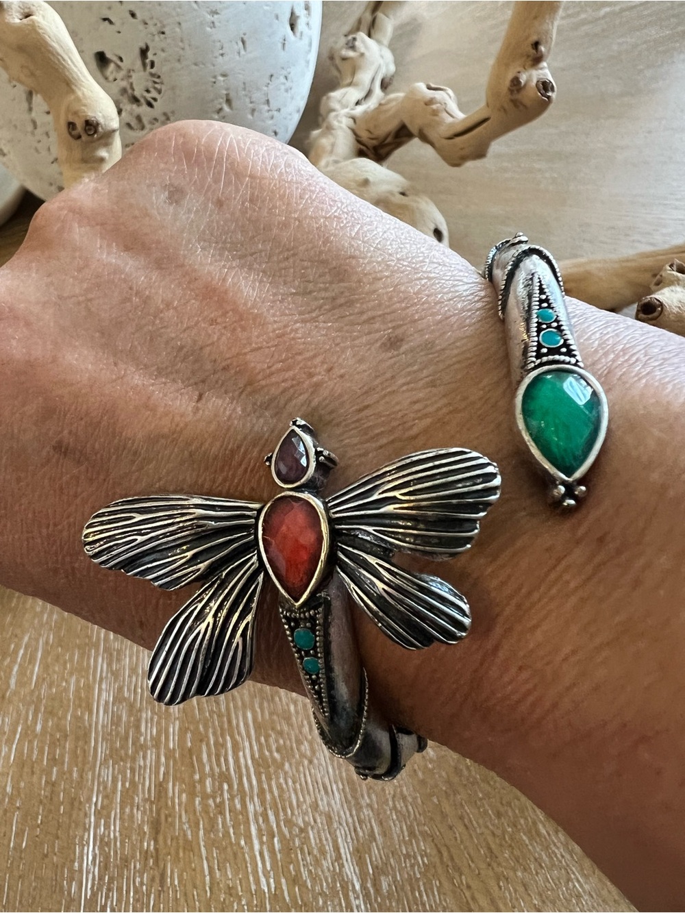 Lucky Brand Silver Tone Dragonfly Cuff Bracelet with Orange & Turquoise Accents